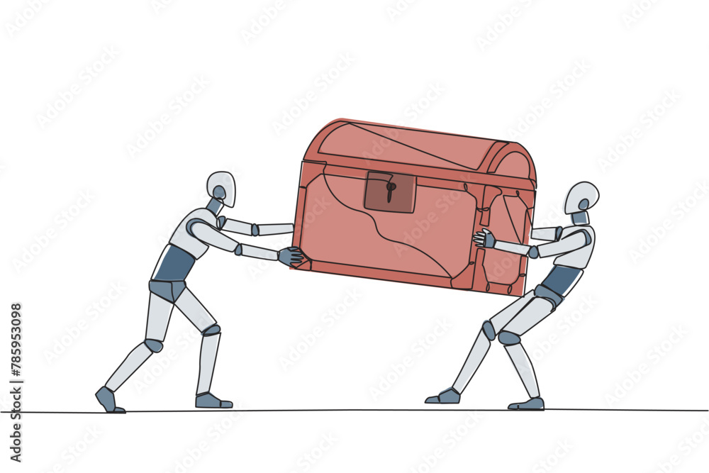 Poster single continuous line drawing two egoistic robot fighting over the treasure chest. feel most entitl