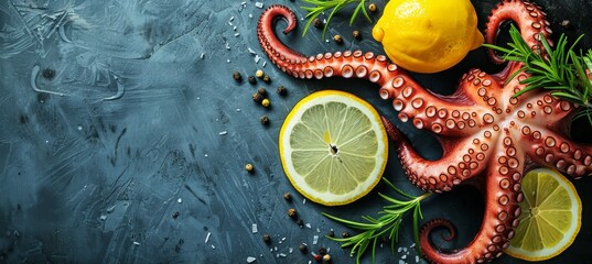 Succulent grilled octopus on black plate, classic mediterranean delicacy for food enthusiasts - obrazy, fototapety, plakaty