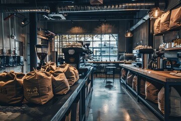 A modern urban roastery with gleaming espresso machines, bags of freshly roasted coffee beans, and an aroma of freshly ground coffee filling the air, Generative AI