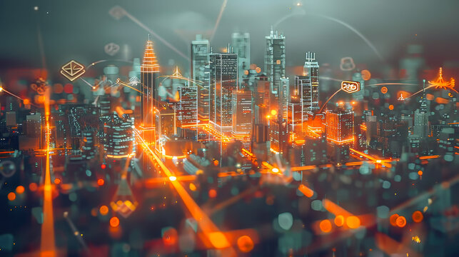 Artistic representation of a Smart city and communication network concept. Urban landscape characterized by modern infrastructure intertwined with digital networks, depicted with a harmonious balance 