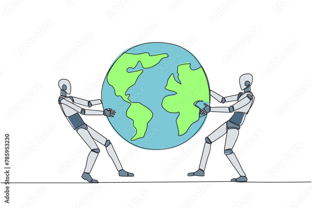 Poster single one line drawing two strong robot fighting over the globe. fighting over the area that will b