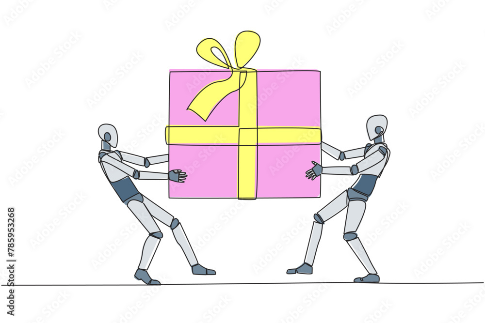 Poster single continuous line drawing two professional robot fighting over the big gift box. robotics again