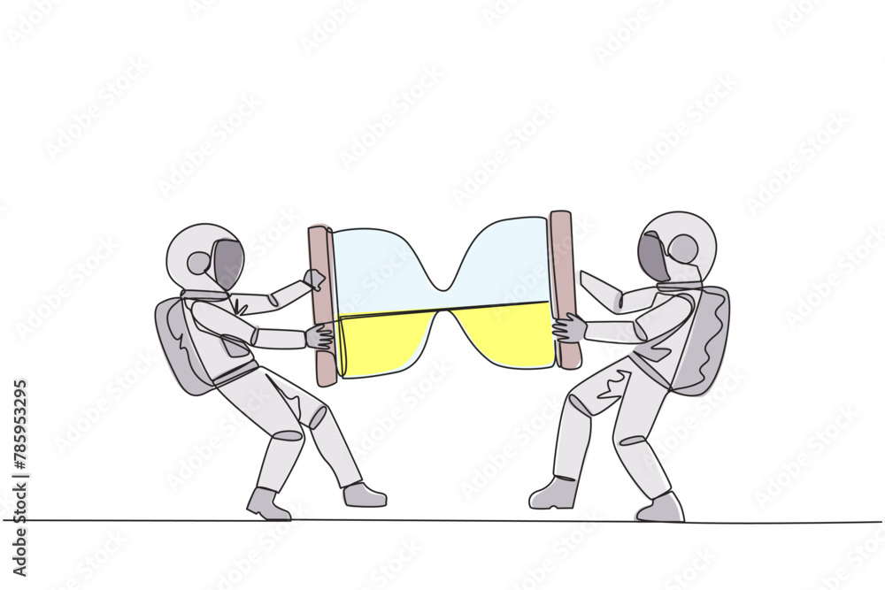 Poster single one line drawing two angry astronaut fighting over the hourglass. ask each other for addition