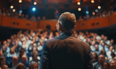 Speaker facing audience in a conference hall