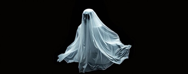 A ghostly figure stands draped in a sheer white fabric amidst swirling smoke, signifying mystery or horror - obrazy, fototapety, plakaty