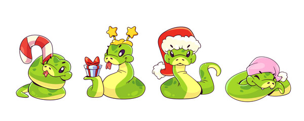 Cute snake cartoon character for 2025 New Year mascot. Comic vector serpent with tongue in Christmas hat and with caramel, in star party headband with gift box on tail, tired sleeping in pink cap. - obrazy, fototapety, plakaty