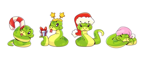 Foto op Plexiglas Cute snake cartoon character for 2025 New Year mascot. Comic vector serpent with tongue in Christmas hat and with caramel, in star party headband with gift box on tail, tired sleeping in pink cap. © klyaksun