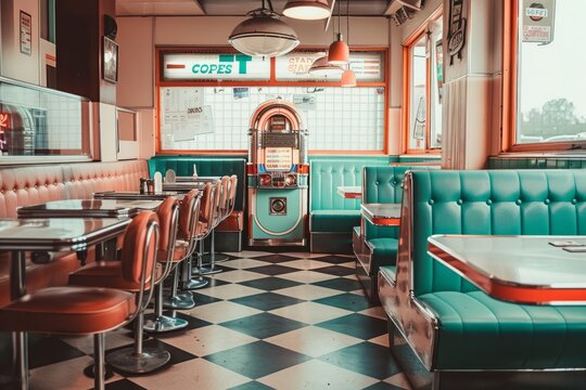 A retro diner with vinyl booths, checkered floors, and a classic jukebox playing oldies tunes, evoking a nostalgic ambiance, Generative AI