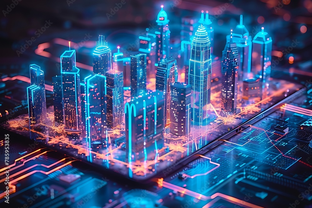Aufkleber a 3d render of a futuristic tablet displaying a holographic projection of a smart city.