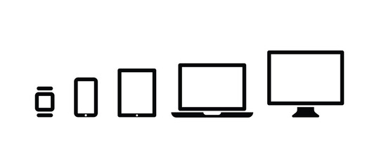 Devices line icons set: Smartphone, Desktop Computer, Tablet, Laptop, Watch / lock. Simple flat outline signs. Stock vector stock illustration