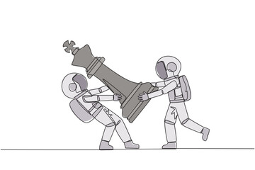 Single one line drawing two angry astronaut fight over the big king chess pieces. The metaphor of scrambling to save a business by helping investors. Rival. Continuous line design graphic illustration