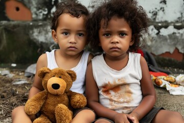 poor children with teddy bear