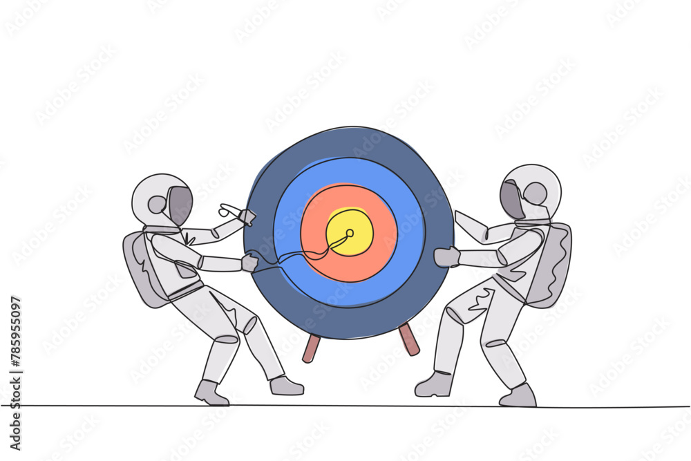 Poster single continuous line drawing two angry astronaut fighting over arrow target board. fighting for wh