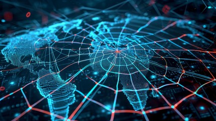 Represent global cyber threats as a spiderweb spreading across the globe  with dark tendrils emanating from malicious hotspots and vulnerable servers  urging viewers to consider cybersecurity - obrazy, fototapety, plakaty