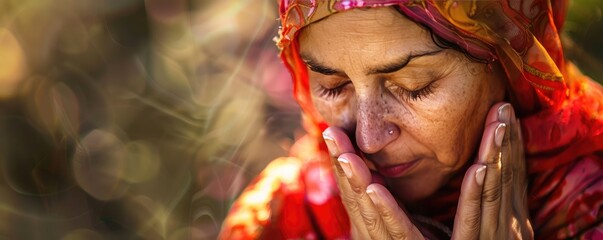 A woman in a vibrant traditional Indian costume prays with a contemplative expression, showing spirituality. - obrazy, fototapety, plakaty