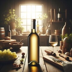 Bottle wine on kitchen old vintage rustic and ingredients concept decoration wooden