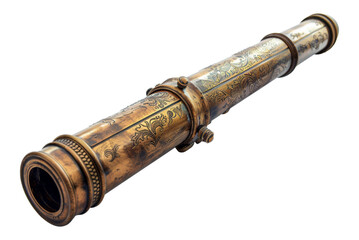 Vintage engraved brass telescope isolated on transparent background
