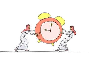 Single one line drawing two emotional Arabian businessman fighting over alarm clock. The concept of fighting for rare items for prestige. Conflict. Attack. Continuous line design graphic illustration