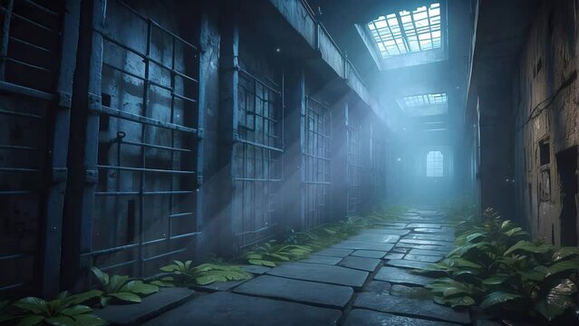 Witness the haunting stillness of a deserted prison cell corridor room at night in this unnerving 4K looping video, where the emptiness seems to stretch on into eternity