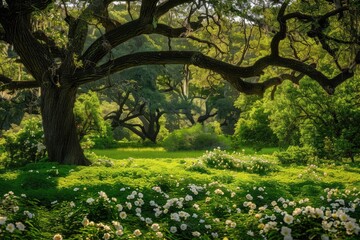 Beautiful summer garden with blooming flowers and tree in the morning
