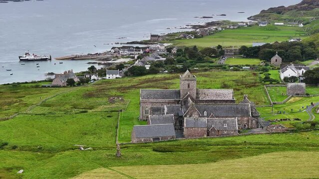 Aerial View of Iona Abbey and Nunnery, Landscape and Coastal Buildings, Scotland UK