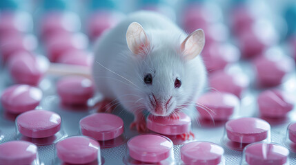 White mouse on the pills background, animal test in laboratory