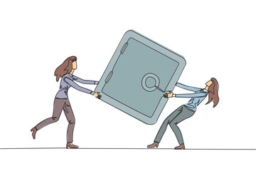 Single continuous line drawing two businesswoman fighting over safe deposit box. Fight for safe place to store important data. Businesswoman conflict. Competition. One line design vector illustration
