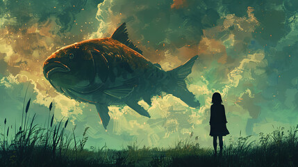 silhouette of girl is looking at fish in the sky, concept of illustration for book	 - obrazy, fototapety, plakaty