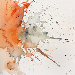 abstract watercolor painting featuring a blend of warm orange and neutral grey tones, with splatters and splotches creating an organic and fluid composition