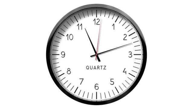 Classic wall clock on white background - 11 to 12 o clock - 3D 4k animation (3840 x 2160 px)