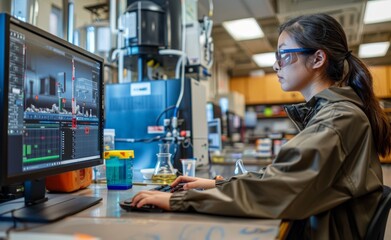 Asian Female Research Scientist Engaged in Data Analysis on Computer in High-Tech Lab