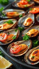 Fototapeta na wymiar Traditional mediterranean grilled mussels elegantly served on refined black plate
