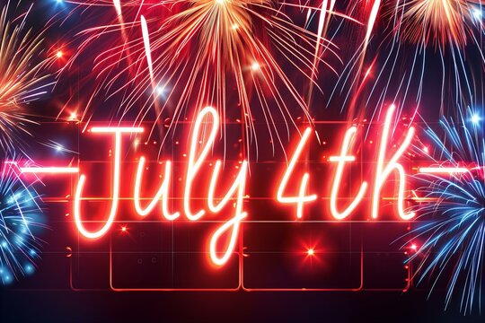 neon led banner with text July 4th with beautiful independence day fireworks in the background - Powered by Adobe
