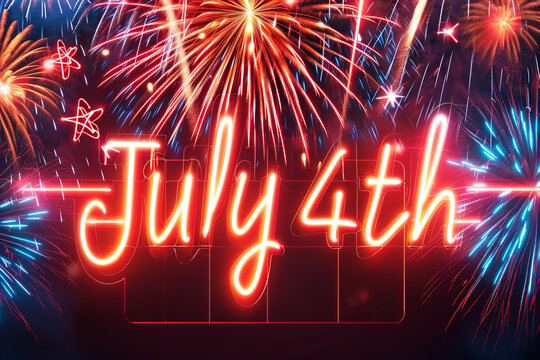 neon led banner with text July 4th with beautiful independence day fireworks in the background