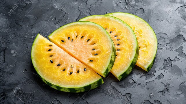 yellow watermelon slices on a wooden table 