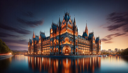 Fototapeta premium A grand gothic revival architecture style parliament building, elaborately lit up against the dusk sky
