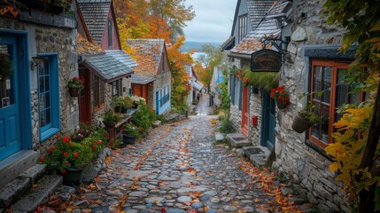 Fototapeta premium Historic Streets: Photograph narrow cobblestone streets lined with historic buildings