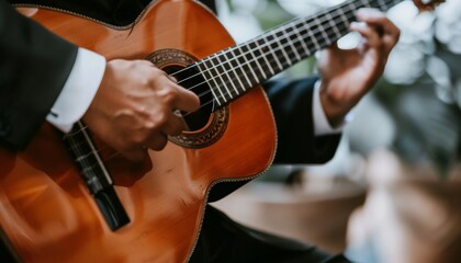 Obraz na płótnie Canvas Senior man in formal attire playing acoustic guitar classic live music performance