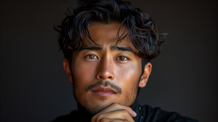 Fototapeta premium A Asian man with a beard and dark hair is looking at the camera. He has a serious expression on his face. A 25-year-old Asian man puts his right hand down on his chin with a questioning expression