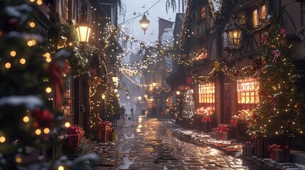 A charming cobblestone street lined with quaint shops decorated with garlands and bows, a festive...