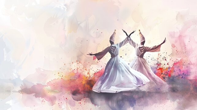 Whirling dervishes, traditional sufi festive Mevlana Rumi in Konya, Turkey. Black white illustration Generative AI	