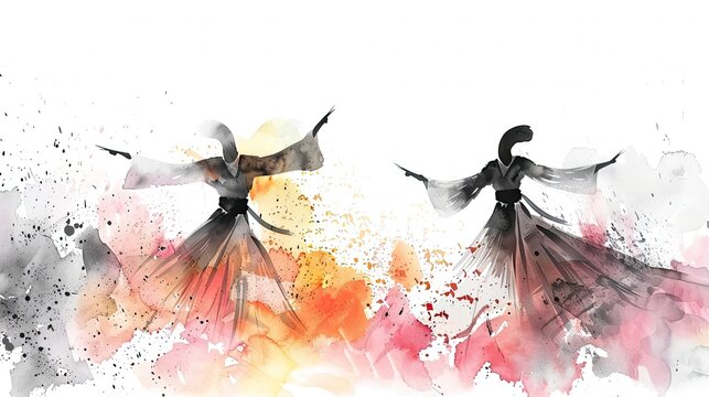 Whirling dervishes, traditional sufi festive Mevlana Rumi in Konya, Turkey. Black white illustration 