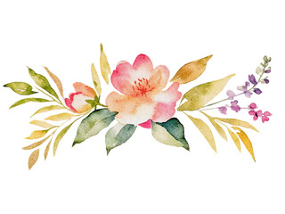 Watercolour, horizontal composition with one rose with an unopened bud and two sprigs of lavender