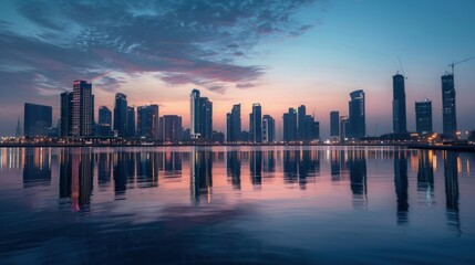 A skyline view of skyscrapers along a waterfront, reflecting in the calm waters below.