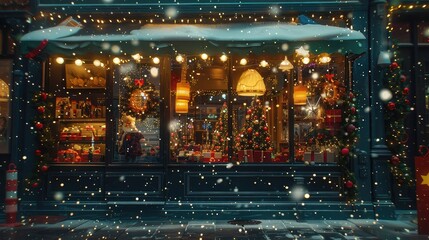 A charming storefront window decorated with festive displays, drawing passersby into the holiday spirit with its twinkling lights and cheerful scenes - obrazy, fototapety, plakaty