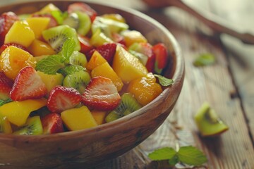 Fruit salad in a bowl on a wooden table