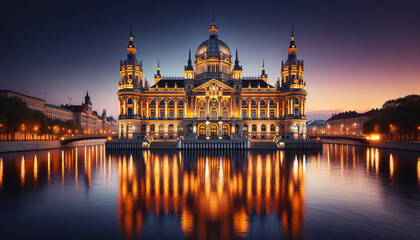 An elaborate historical building illuminated with warm golden lighting, reflected in the tranquil waters of a river during twilight - obrazy, fototapety, plakaty