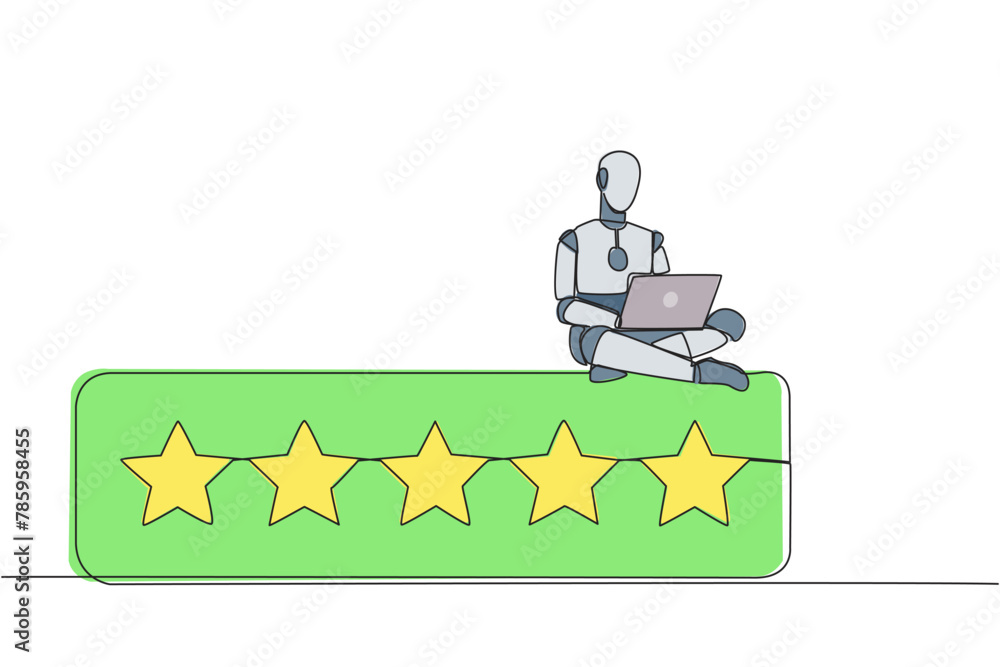 Aufkleber single one line drawing robot sitting on rating board typing laptop computer. give 5 stars and a ver