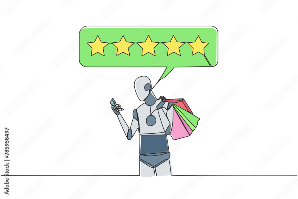 Poster continuous one line drawing robot holding several shopping bags. the other hand typing on the smartp