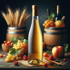 Still life with wine and grapes concept illustration bottle mockup template